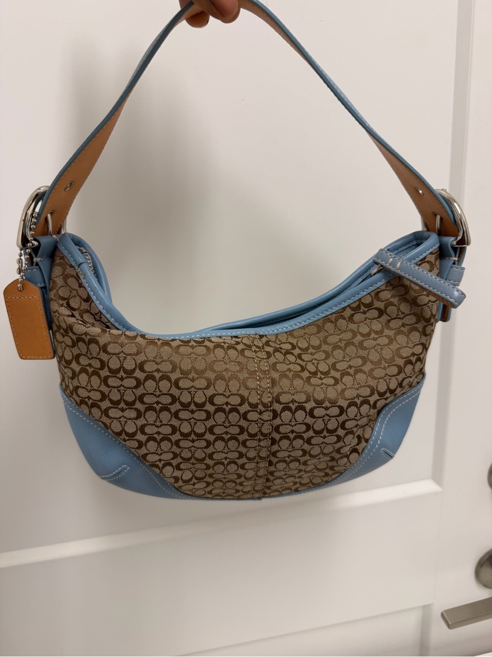 Y2K Coach Brown Signature Canvas Shoulder Bag with Light Blue Trim